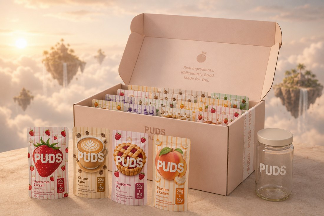 PUDS variety box with single-serve pouches and jar